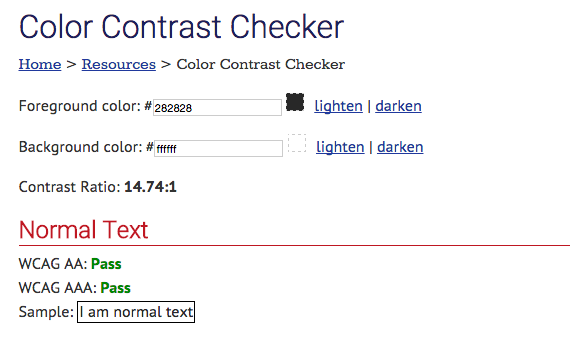 screenshot of the WebAim color contrast checker showing fields to enter background and foreground color codes.