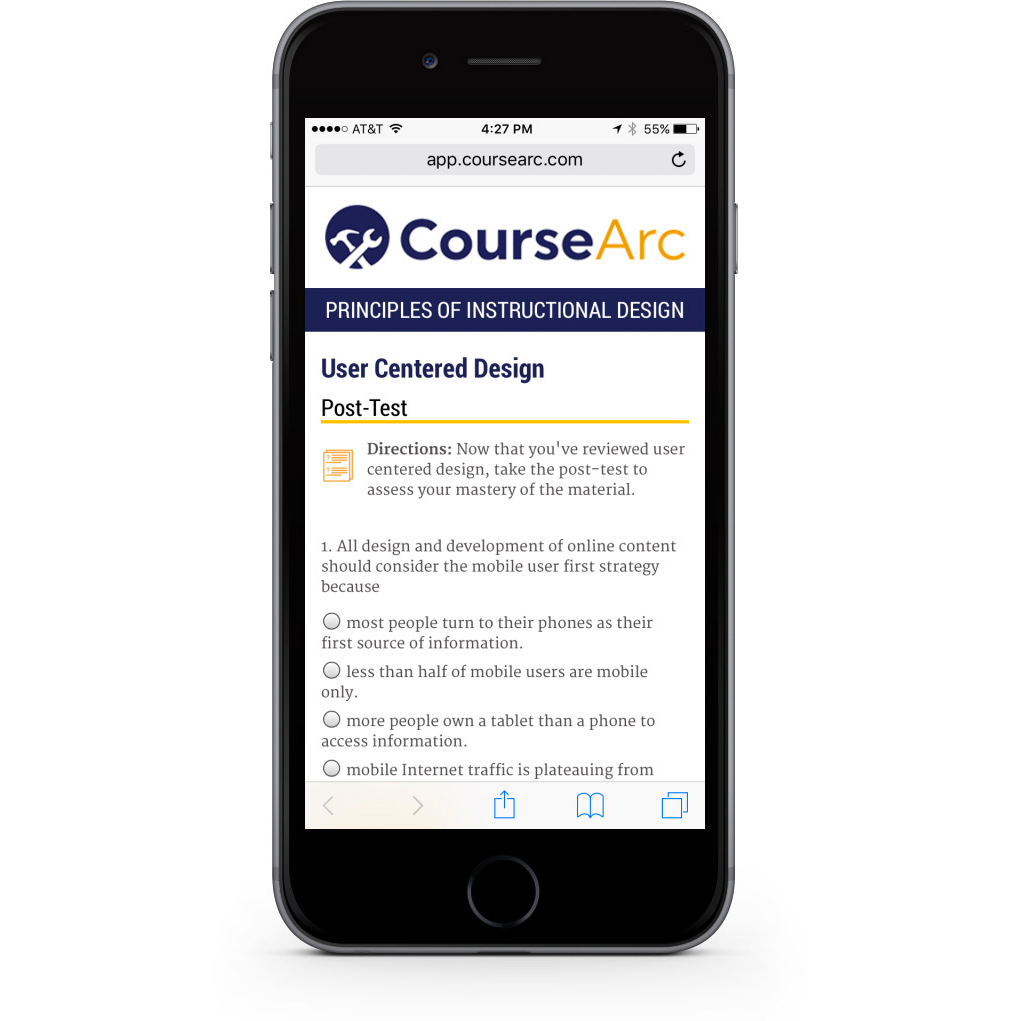 Screenshot of a mobile phone with CourseArc content