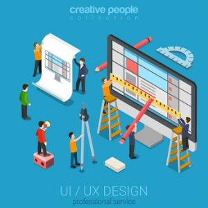 Flat 3d isometric desktop UI/UX design web infographic concept vector. Crane micro people creating interface on computer. User interface experience, usability, mockup, wireframe development concept.