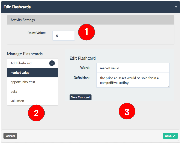 screenshot of the interface for editing a block - point value in section 1, list in section 2 on the left, and editable content on the right in section 3