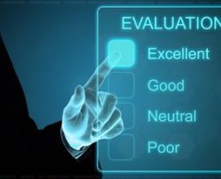 Image of a person pointing at a smart screen that says "Evaluation: Excellent, Good, Neutral, Poor"