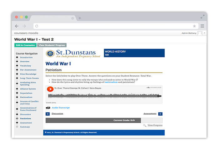 screenshot of CourseArc content embedded into Moodle