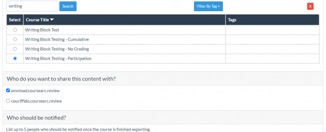 screenshot of sharing tool in CourseArc