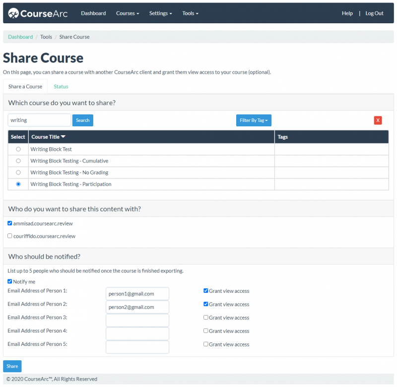 screenshot of sharing tool in CourseArc