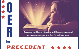 Child reading book with mock presidential campaign stating "OER for Precedent"