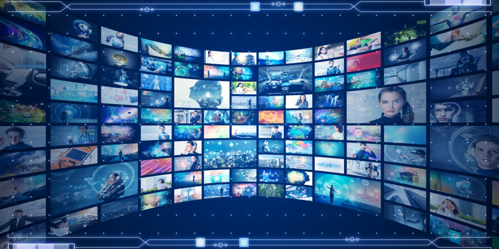A sea of screens with different content