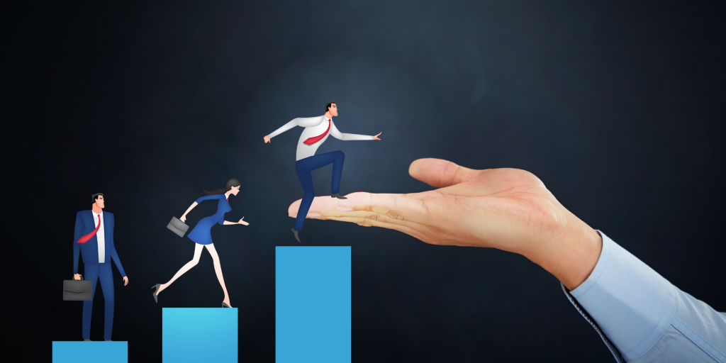 Small people jumping on to different-sized platforms to get to a large hand