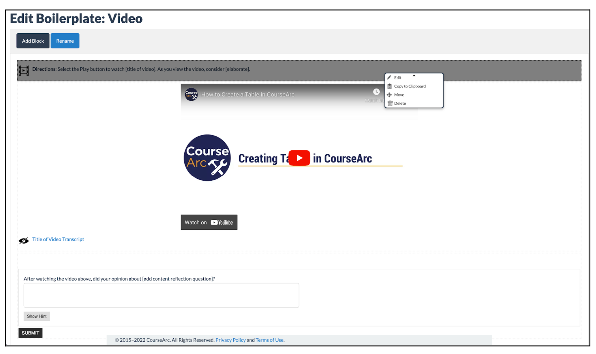 View of adding in a video to the boilerplate feature