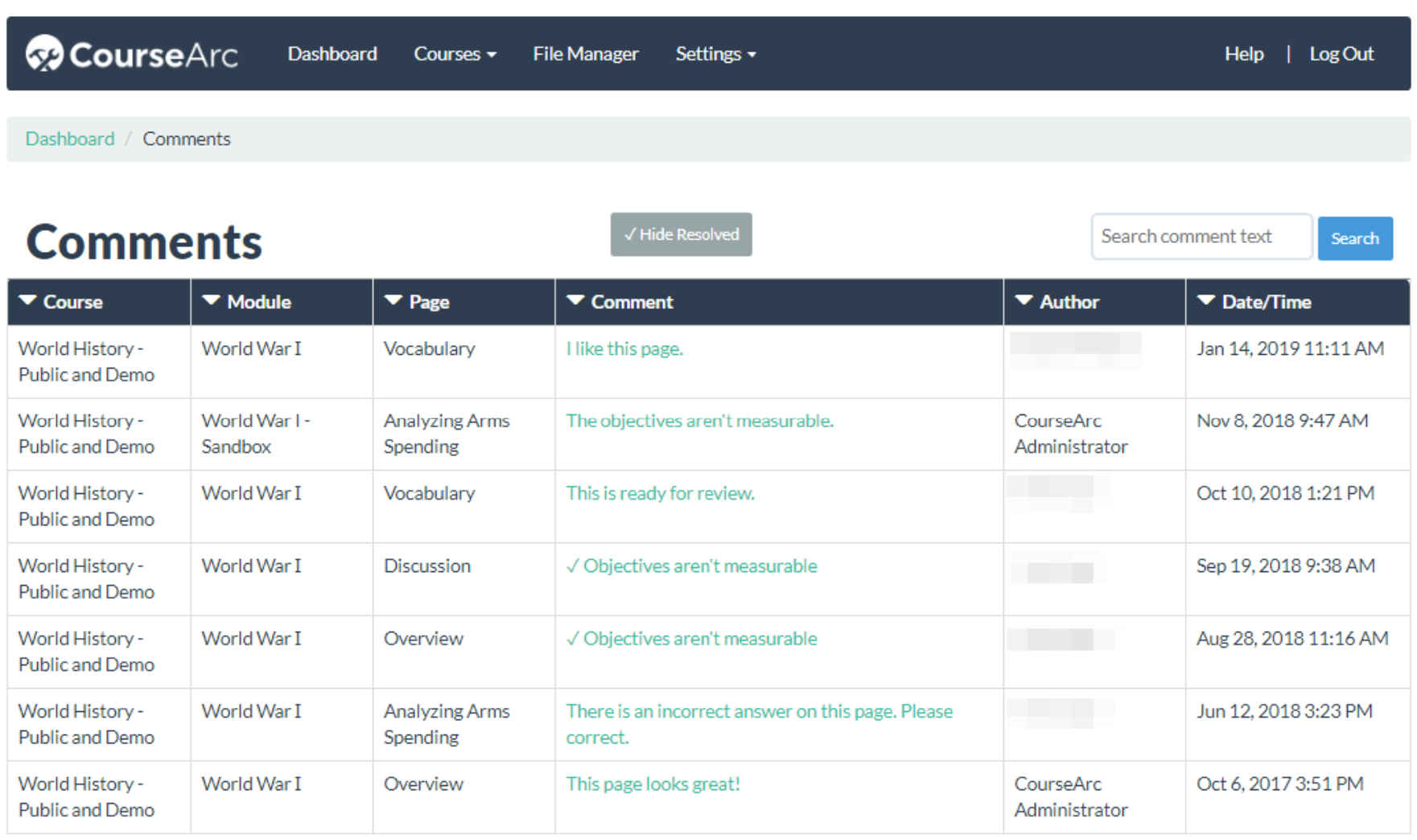 Comments feature in CourseArc