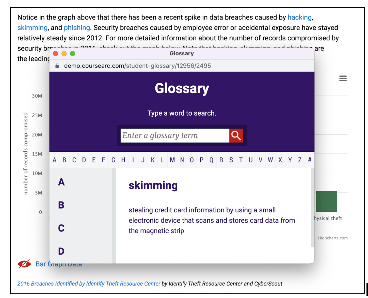Glossary feature in CourseArc
