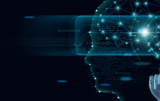 Abstract digital image of a human profile with glowing blue lines, neural network, and robotic hand interacting with digital interface