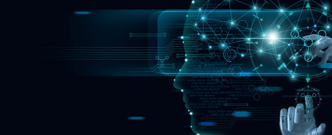Abstract digital image of a human profile with glowing blue lines, neural network, and robotic hand interacting with digital interface