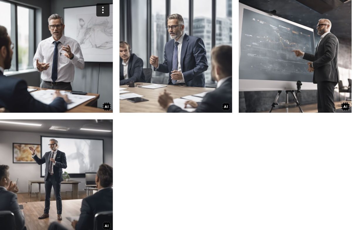 four images in side by side squares showing white males giving a presentation