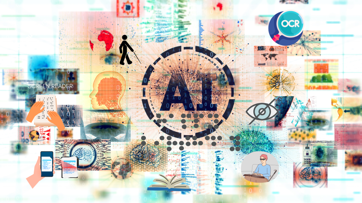 Illustration of AI and accessibility features for visually impaired with braille display, and various inclusive graphics