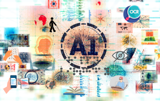 Illustration of AI and accessibility features for visually impaired with braille display, and various inclusive graphics