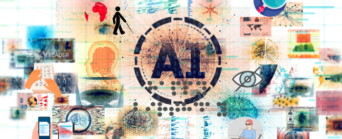 Illustration of AI and accessibility features for visually impaired with braille display, and various inclusive graphics