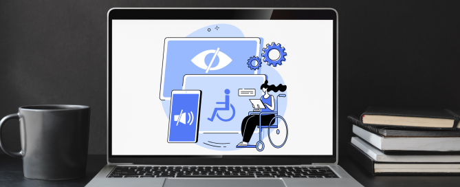 Coffee mug and notebooks sitting next to an open laptop with accessibility icons on it.