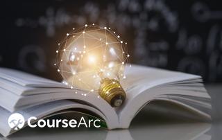 Light bulb resting on an open book with a digital network overlay and CourseArc logo in the corner.